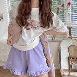 Stetnode Sweet Shorts Women Kawaii Bow Embroidery Ruffles Short Pants Student Cute Lolita Harajuku Stripe Wide Leg Sports Shorts