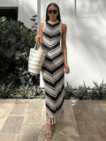 Stetnode  Sexy Tight Striped Tassel Knitted Dress For Women Sleeveless 2024 Summer Fashion Beach Party Evening Long Knitwear Dress