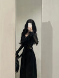 Stetnode Fashion V-neck Ruffles Black Long Sleeve Cardigan Mujer+ Y2k High Waist Loose Wide Leg Pants 2024 Summer New Two Piece Sets