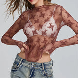 Stetnode Chic Floral Lace Sheer Tops Women Long Sleeve Mock Neck Mesh Layering Top Sexy See Through Y2k Floral Tee Shirts Street Blouse