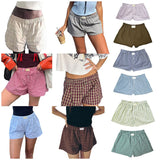 Stetnode Gingham Baggy Boxers Shorts Women Outfits Elastic Waist Blue Checkered Y2k Vintage Shorts Casual Lounge Summer Beach Shorts