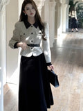 Stetnode Elegant Two Piece Skirt Set For Women Office Lady Vintage Outfits Fashion Long Sleeve With Belt Jacket Black Velvet Midi Skirts