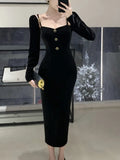 Stetnode Elegant Velvet Midi Dress Women French Vintage Long Sleeve Square Collar Bodycon Wrap Hip Female Evening Party Vestidos Mujer