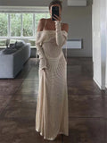 Stetnode  White Crochet Hollow Out Midi Dress For Women Long Sleeve Casual Dress Beach Holiday See-Through Summer Dress Cover-Up