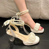 Stetnode Fashion High-heeled Women's Shoes  Summer   New Chunky Heel Pearl Roman Sandals, Street Fashion Girly Style  Women's Shoes