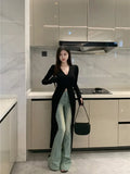 Stetnode Lazy Vintage V-neck Black Cardigan Women Autumn New Slim Fit Sun Protection Tops Y2k E-Girl Long Sleeve Knitted