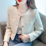 Stetnode Korean Fashion Tweed Cropped Jackets for Women 2024 Spring Round Neck Chic Coat Woman Beige Single-Breasted Jacket Female