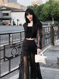 Stetnode Korean Simple High Waist Hollow Out Black Pants+ Y2k E-Girl Slim Fit Mesh Long Sleeve Tops Women  Grunge Two Piece Sets