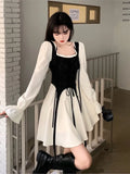 Stetnode Women Vintage Patchwork Y2k Sweet Kawaii Party Dresses Summer Fashion Casual Lace Up Bow Harajuku Long Sleeve Club Mini Dress