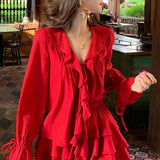 Stetnode Elegant V-neck Ruffles Long Sleeve Tops Women+ Y2k E-Girl High Waist Ruched A-line Skirts Spring New Red Two Piece Sets