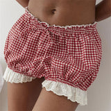 Stetnode Red Gingham Lounge Bloomer Shorts for Women Y2k Lace Trim Pajamas Shorts Cute Plaid Low Rise Ruffle Bloomers Short Pj Pants