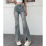 Stetnode Streetwear Women Jeans Korean Retro Tassel Split Flared Pants Casual All Match Female High Waist Straight Denim Trousers