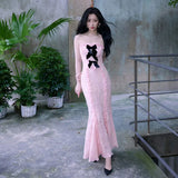 Stetnode Bow Lace Pink Strapless Long Maxi Dresses for Women Y2k Cute Sexy Birthday Dress Party Outfit Kawaii Clothes