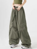 Stetnode Women Big Pockets Cargo Pants Y2k High Elastic Waist Drawstring Baggy Trousers Vintage Casual Loose Wide Leg Straight Pants