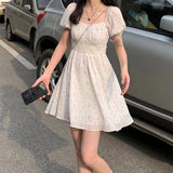 Stetnode Spring Outfit Dresses Women Puff Sleeve Holiday Sundress Hollow Out Floral Design Korean Style College Lovely Simple Trendy Summer Vestidoes