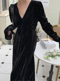 Stetnode Women's Vintage Velvet Black Long Dress Elegant V-Neck A-Line Dresses Casual Chic Prom Party Robe Winter Fashion New