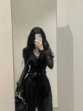 Stetnode Fashion V-neck Ruffles Black Long Sleeve Cardigan Mujer+ Y2k High Waist Loose Wide Leg Pants 2024 Summer New Two Piece Sets