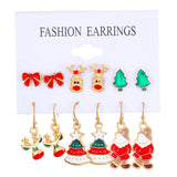 Stetnode 6 Pairs Christmas Set Trendy Xmas Tree Elk Snowman Santa Claus Earrings for Women New Design Holiday Jewelry Friendship Gift