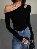 Stetnode Black Off Shoulder T Shirts Women Casual Aesthetic Sexy Crop Tops Fashion Slim Hollow Out Long Sleeve Tees Spring New