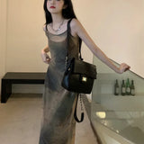 Stetnode  Tie-dye Gauze Suspender Dress Women 2024 Spring Korean Retro Strapless Mid-length Dress + Black Knitted Cardigan Two-piece Suit