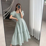 Stetnode Spring Outfit Korea  Jacquard Midi Dress Women Short Puff Sleeves Square Collar Floral Dresses Elegant Dress 20224 Summer