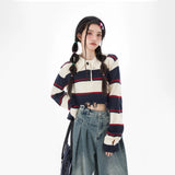 Stetnode Striped Knitted Sweater Women's Autumn Loose Sweet Kawaii College Style Retro Lapel Crop Top Hit Color Design New