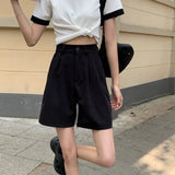 Stetnode 2024 Summer Black Gray Suit Shorts Women Korean High Waist Wide Leg Shorts Woman Casual Loose Knee Length Pants Female