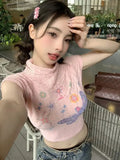 Stetnode American Style Half-high Collar Pink T-shirts 2024 Summer New Print Tee Shirt Y2k E-Girl Slim Fit Sleeveless Tops Women