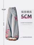 Stetnode American Tie-dye Butterfly Embroidery Raw-edge Jeans for Women Fashion Street Hot Girl Wide Leg Pants Y2k Loose Mopping Pants