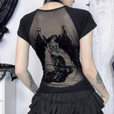 Stetnode Angel Wings Mesh Short Sleeved T-shirt for Women Summer Sexy See Through Tops Mujer Y2k Slim Fit  Sleeve Tee Shirt