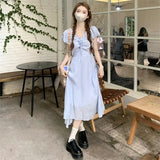 Stetnode  Summer Sweet Girly Holiday Style V-Neck Bow Kawaii A-Line Temperament Puff Sleeve Mid-Calf Dresses Tender Fairy Dress