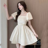 Stetnode Elegant Slash Neck Dresses Women Summer Korean Chic Puff Sleeves A Line Dress Y2K Female Sweet Ruffles Solid Vacation Mini Dress