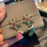 Stetnode Asymmetrical Colorful Rhinestone Snowflake Hat Boot Earrings for Women Luxury Crystal Christmas Tree Drop Earrings Party Jewelry