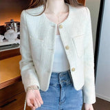 Stetnode Korean Fashion Tweed Cropped Jackets for Women 2024 Spring Round Neck Chic Coat Woman Beige Single-Breasted Jacket Female