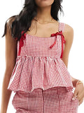 Stetnode Y2k Tank Top Sleeveless Women Red Gingham Bow Tie Down Camisole Ruffle Hem Peplum Tops Summer Streetwear