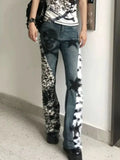 Stetnode American Vintage Washed Skull Leopard Print Micro-flare Jeans Fashion High Street Hot Girl Micro-flared Pants Y2k Trousers