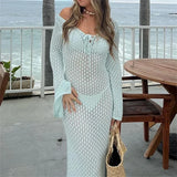 Stetnode Women's Long Slim Fit Dress Long Sleeve V Neck Tie Up Knitted Crochet Beach Dresses