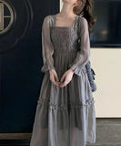 Stetnode Spring Outfit Spring Autumn Vintage Gray Elegant Square Neck Ruffles Pleated Dress Women Long Sleeve Holiday Party Long Dress Robe Popular New