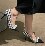 Stetnode New Women High Heels Dress Shoes Houndstooth Pumps Black Toe Costume Tweed Boat Shoes Pearls Designer Shoes Dress Work Shoes