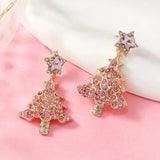 Stetnode Sweet Pink Christmas Tree Earrings For Women Sparkling Full Rhinestone Crystal Xmas Tree Dangle Earring New Year Party Jewelry