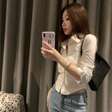 Stetnode 2024 Sexy Slim Fit White Shirt Women Korean Fashion Turn Down Collar Folds Crop Tops Woman Long Sleeve Y2K Blouse Female