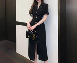 Stetnode 2024 Spring and Summer outfitFrench Elegant Suit Collar Midi Dresses for Women Summer New Vintage Fashion High Waist Short Sleeves Black Female Clothing