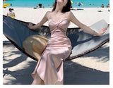 Stetnode Summer Sexy Backless Satin Straps Midi Dresses for Women 2024 Elegant Party Sleeveless Female Clothing Beach Holiday Pink New