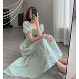 Stetnode Spring Outfit Korea  Jacquard Midi Dress Women Short Puff Sleeves Square Collar Floral Dresses Elegant Dress 20224 Summer