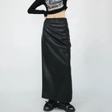 Stetnode Black High Waist Folds Side Split Pu Leather Skirts For Women Autumn Winter Elegant Brown Bodycon Long Skirts