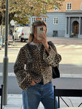 Stetnode Fashion Leopard Printed Round Neck Jacket Women Elegant Single Breasted Long Sleeve Short Coats 2024 New Lady Street Outerwear