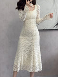 Stetnode 2024 Spring and Summer outfitElegant Chic Bodycon Lace Patchwork Mesh Midi Dresses for Women Autumn Winter New Vintage Slim Casual Party Female Clothing Robe