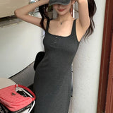 Stetnode Sexy Sleeveless Slim Long Dress Women Summer Button Decorate Square Collar Dresses Woman Korean Fashion Elastic Bodycon Dress