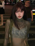 Stetnode Vintage Y2k Graphic Mesh T Shirts Women 2000s Grunge See Through Slim Kpop Tops Hollow Aesthetic Long Sleeve Tee Shirts