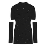 Stetnode  Streetwear Beaded Solid Color Puff Sleeve Dress Women 2024 Spring New Half High Neck Sexy Slim Knitted Mini Dress with Sleeves